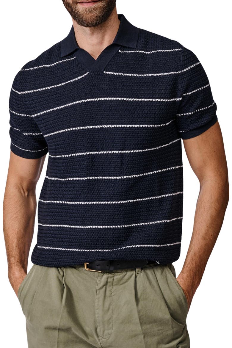 Alford Textured Cotton Polo Shirt, Alternate, color, Navy/Ecru Stripe