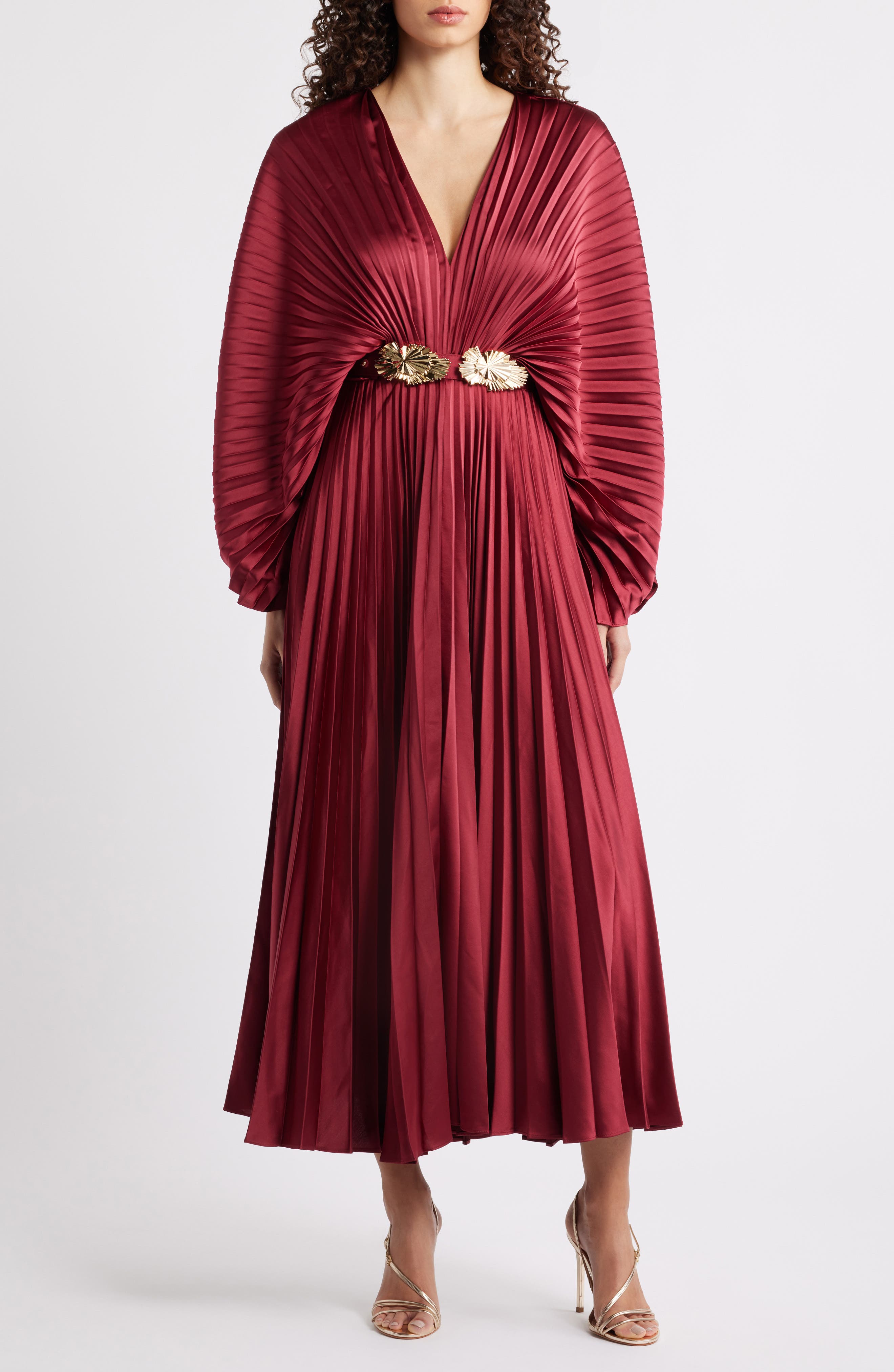 acler westover long-sleeve v-neck belted pleated maxi dress Acler Wonastow Pleated Maxi Dress With Belt