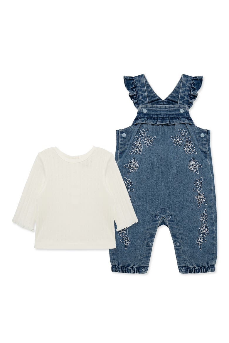 Kids' Lacey Pointelle Tee & Embroidered Overalls Set, Main, color, DENIM