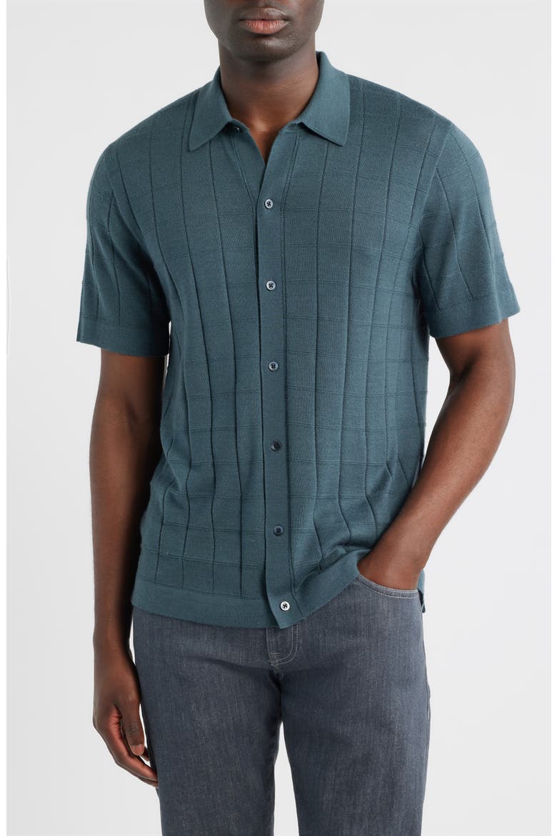 Textured Merino Wool & Silk Short Sleeve Button-Up Sweater, Main, color, BLUE SLATE