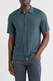 Nordstrom Textured Merino Wool & Silk Short Sleeve Button-Up Sweater