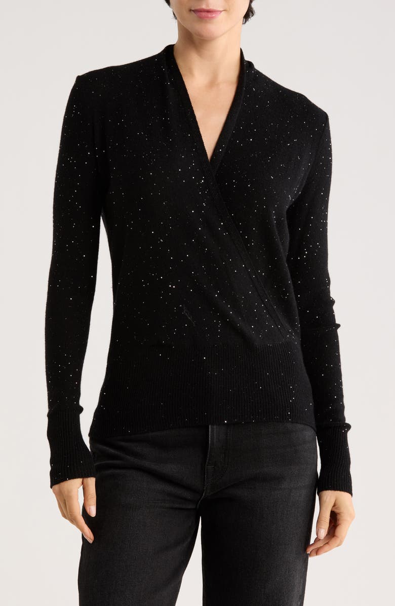 Sofia Cashmere Sequin Faux Wrap Sweater, Main, color, Black