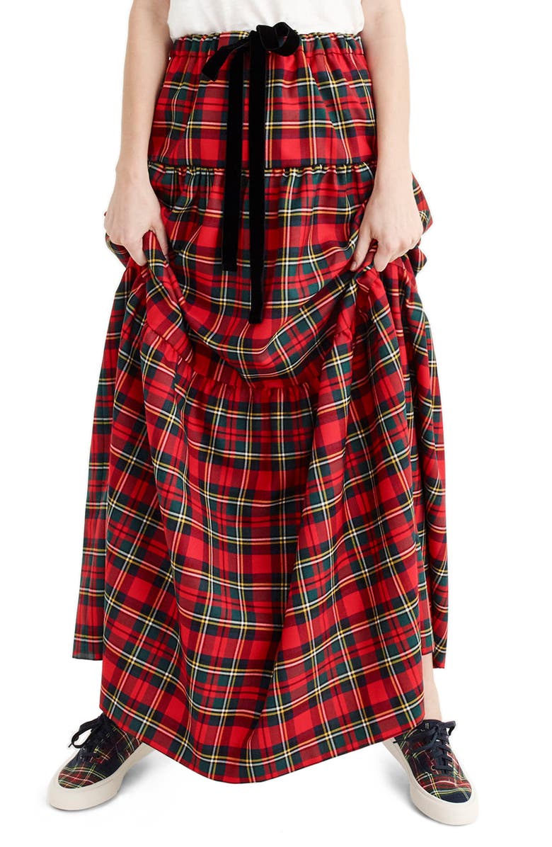 J.Crew Tartan Plaid Tiered Maxi Skirt, Main, color, 