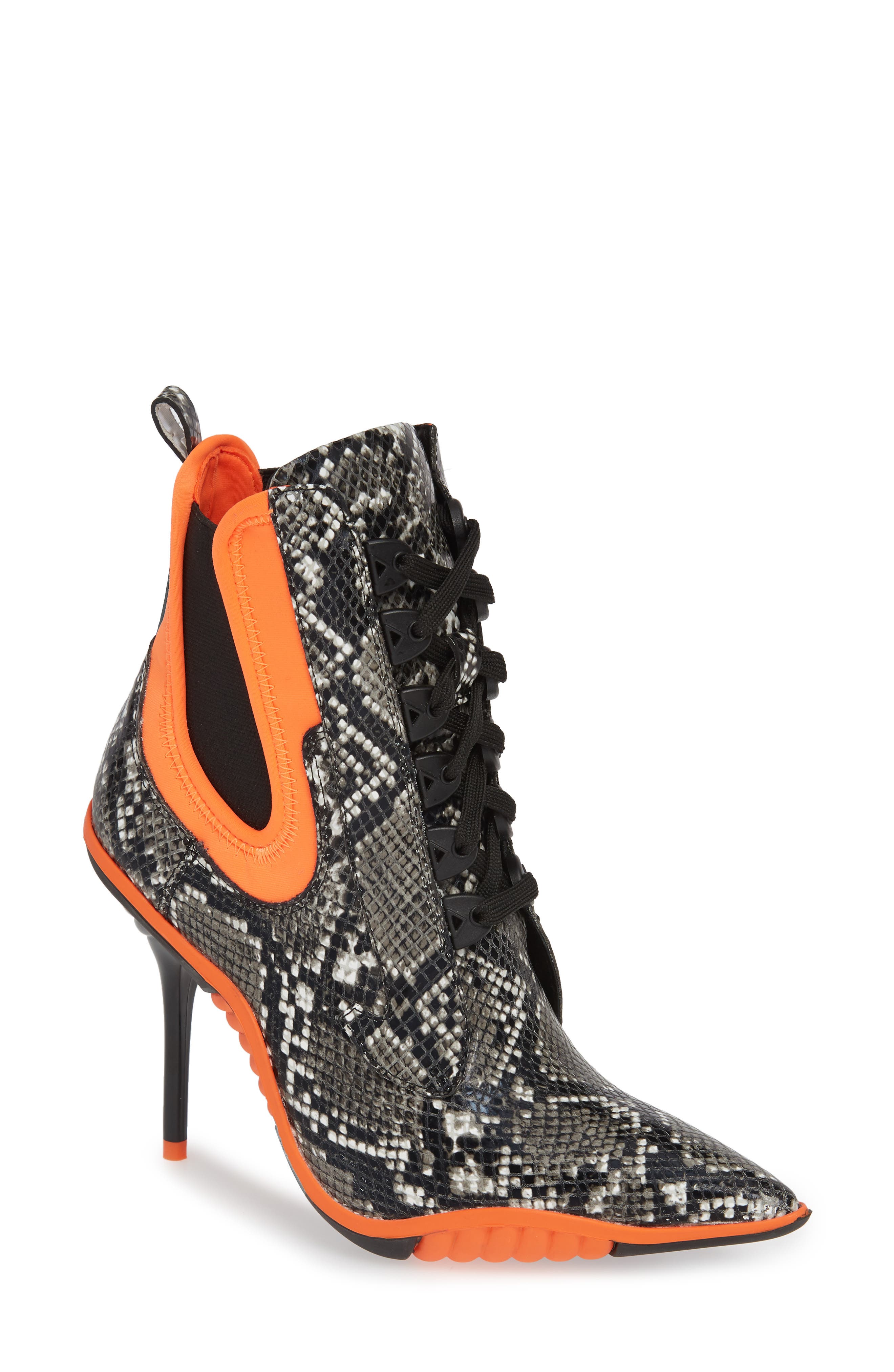 Big Bang Ankle Tie Bootie, Main, color, BLACK PYTHON PRINT/ ORANGE