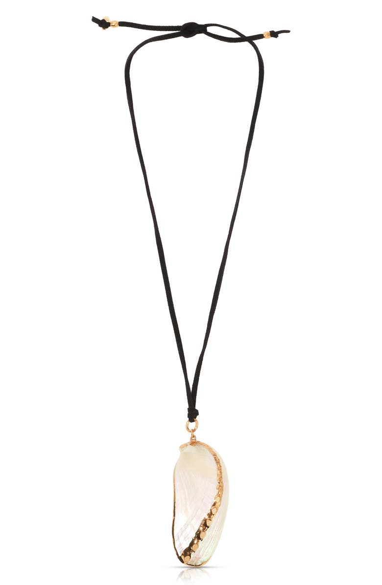 Ettika Shell Pendant Faux Suede Cord Necklace, Alternate, color, Black/ Ivory