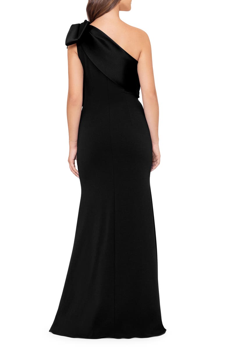 Betsy & Adam Satin Bow Crepe Mermaid Gown, Alternate, color, Black