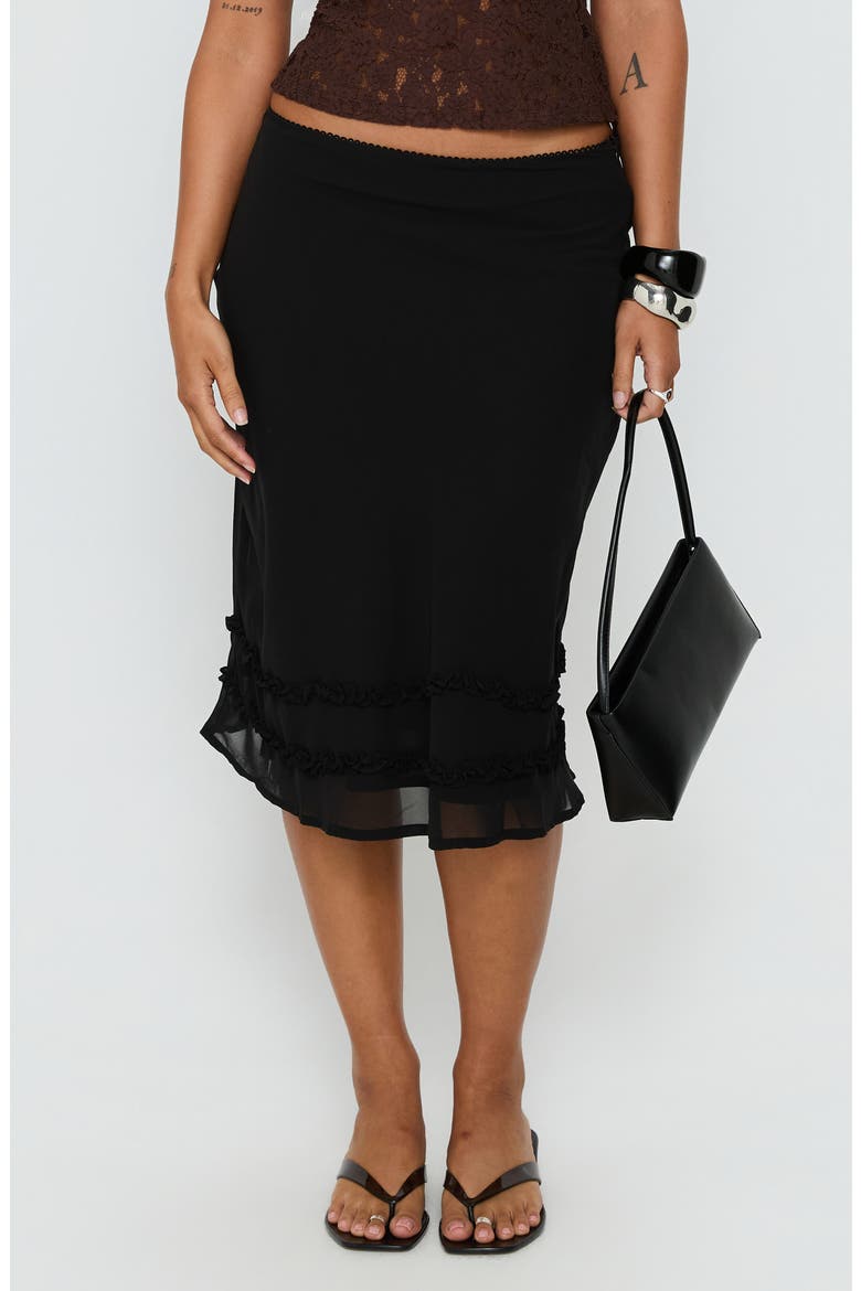 Clarabella Frill Midi Skirt, Main, color, BLACK