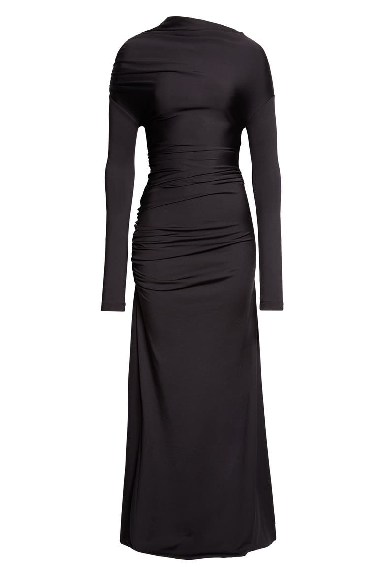 Draped Long Sleeve Column Gown, Main, color, BLACK