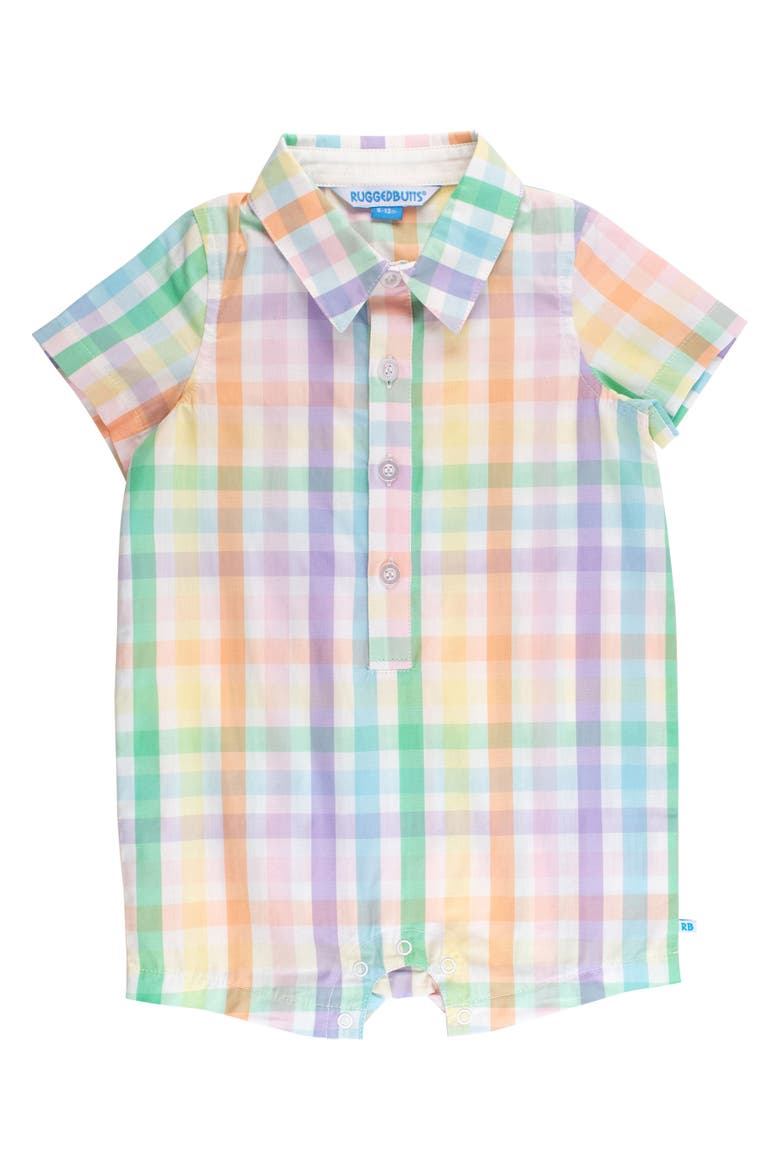 Baby Boys Woven Short Sleeve Button-Up Romper, Main, color, Poppy Rainbow Plaid