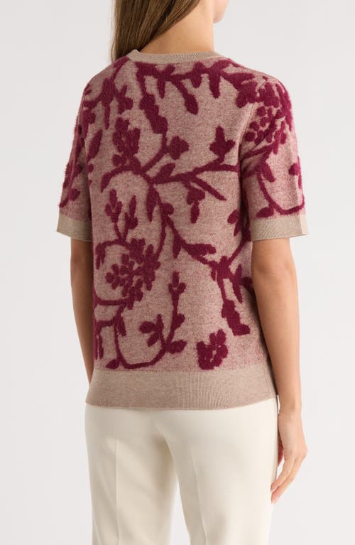 T Tahari Floral Jacquard Eyelash Short Sleeve Sweater In Multi