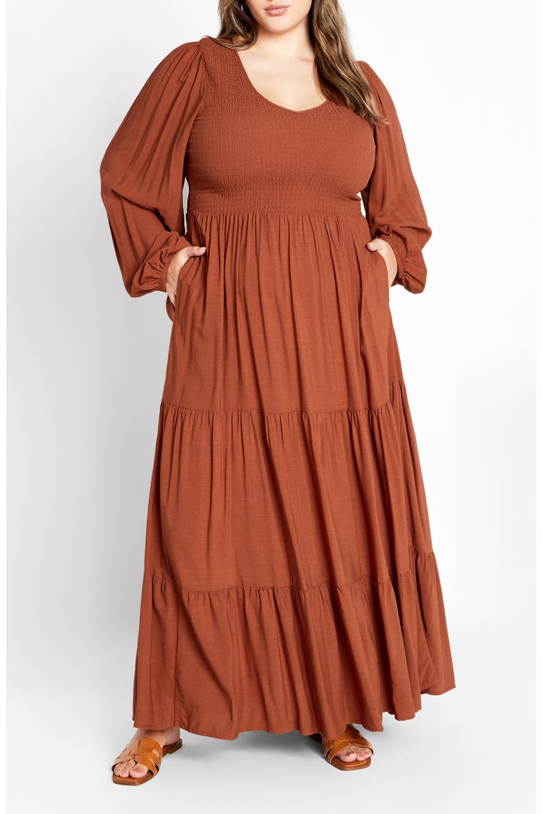 Leona Tiered Long Sleeve Maxi Dress, Main, color, TOFFEE