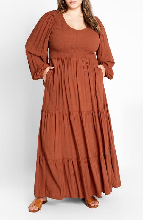 Leona Tiered Long Sleeve Maxi Dress (Plus)