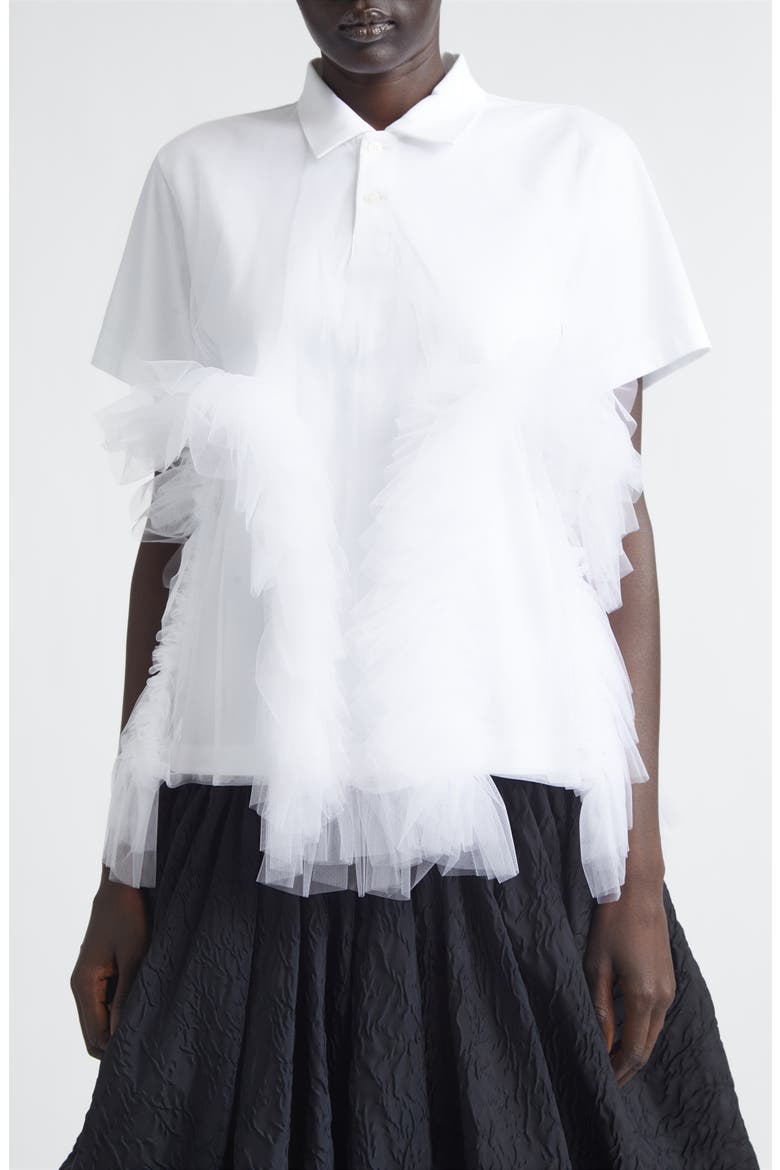 Cotton Ponte & Tulle Polo, Main, color, WHITE