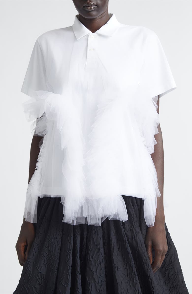 Noir Kei Ninomiya Cotton Ponte & Tulle Polo, Main, color, White