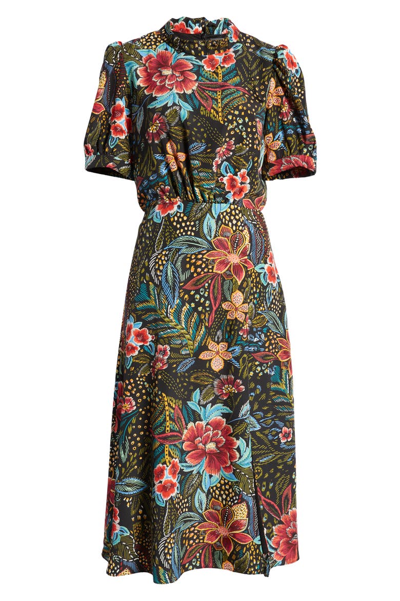Floral Print Tie Neck Midi Dress, Alternate, color, BLACK MULTI