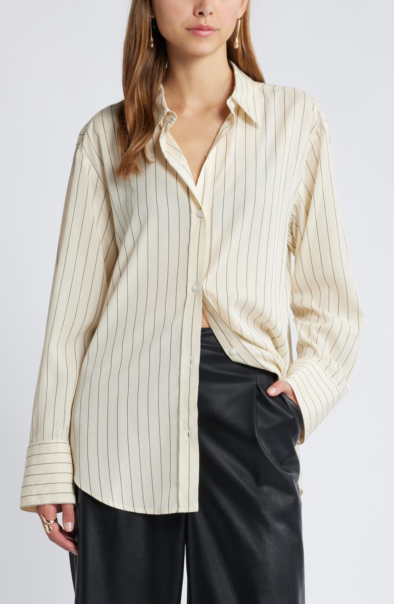 Open Edit Stripe Button-Up Shirt, Main, color, Ivory- Grey Pinstripe