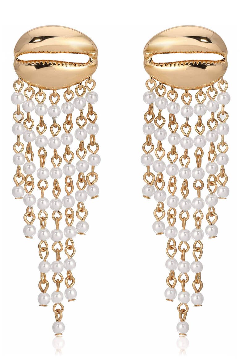 Mykonos Shell Faux Pearl Fringe Drop Earrings, Main, color, GOLD