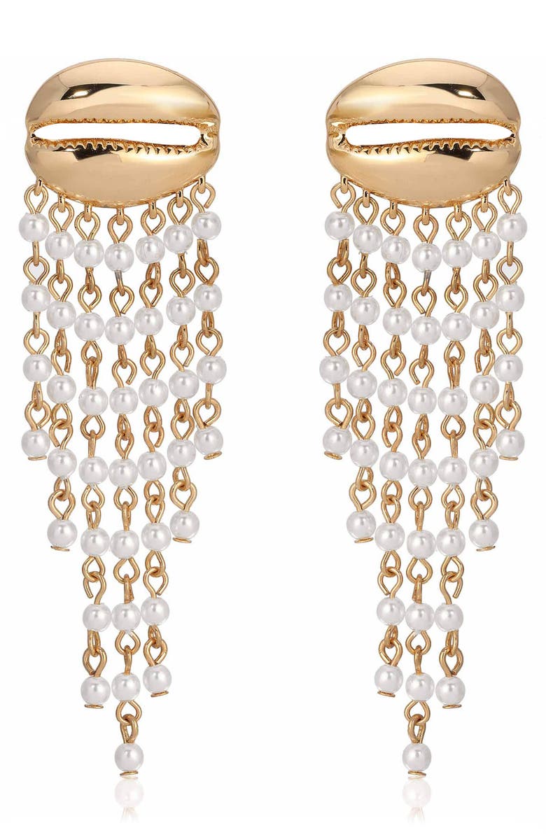 Ettika Mykonos Shell Faux Pearl Fringe Drop Earrings, Main, color, Gold