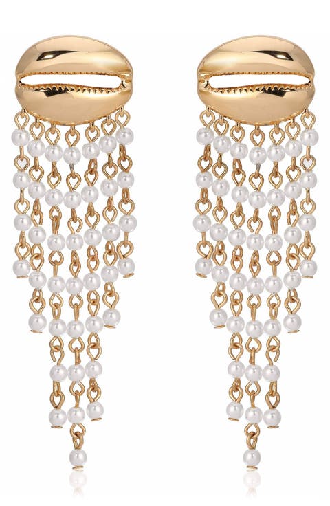 Mykonos Shell Faux Pearl Fringe Drop Earrings