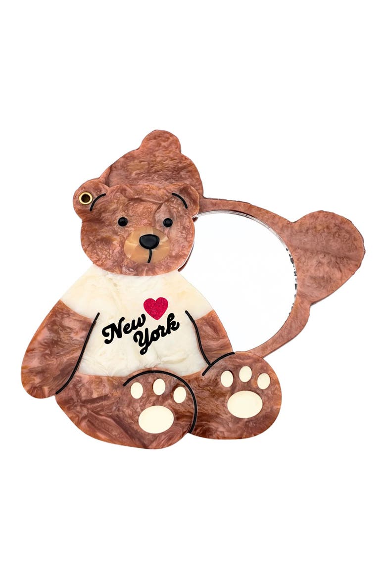 Hand Painted New York Teddy Bear Compact Mirror, Main, color, BROWN