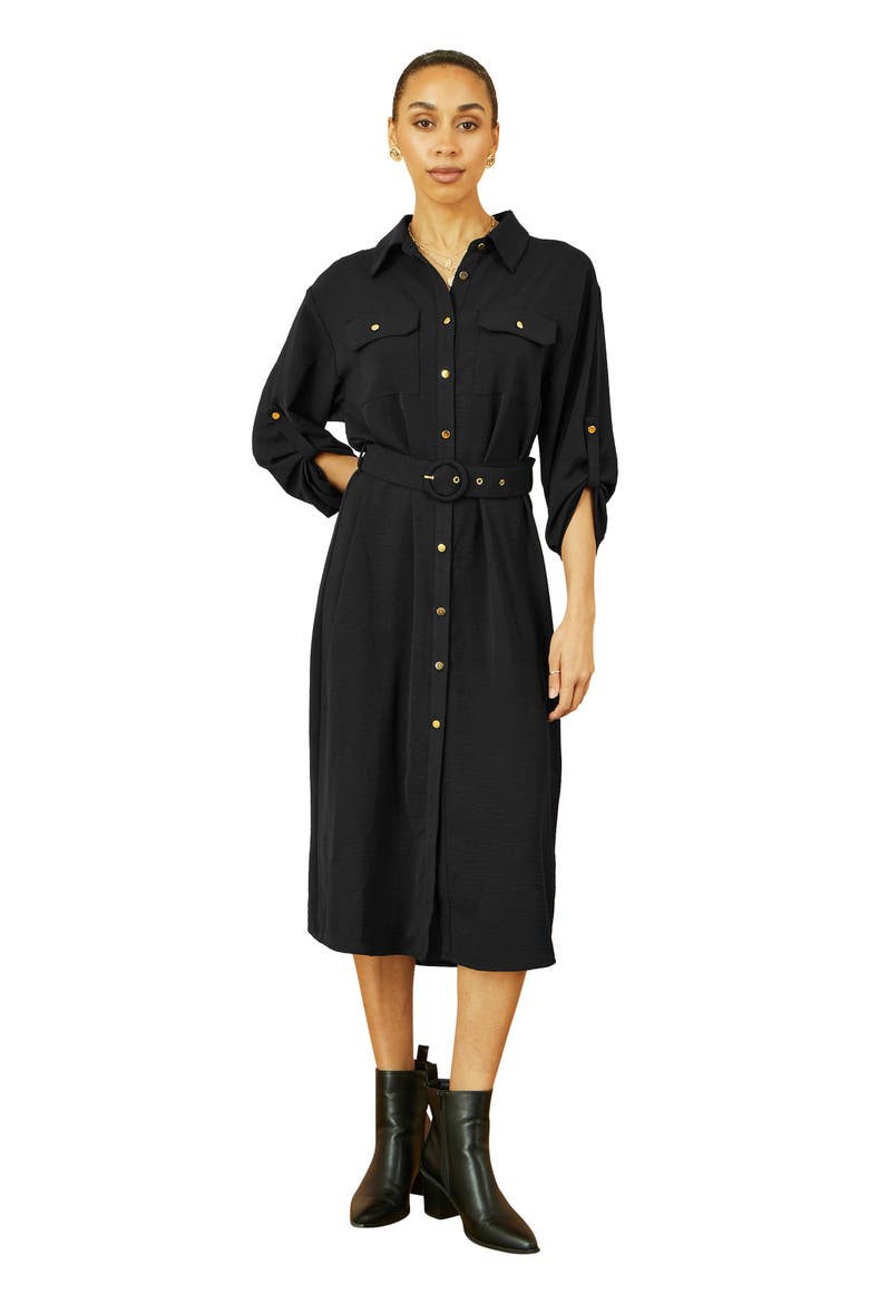 3/4 Sleeve Belted Midi Shirt Dress, Main, color, Black