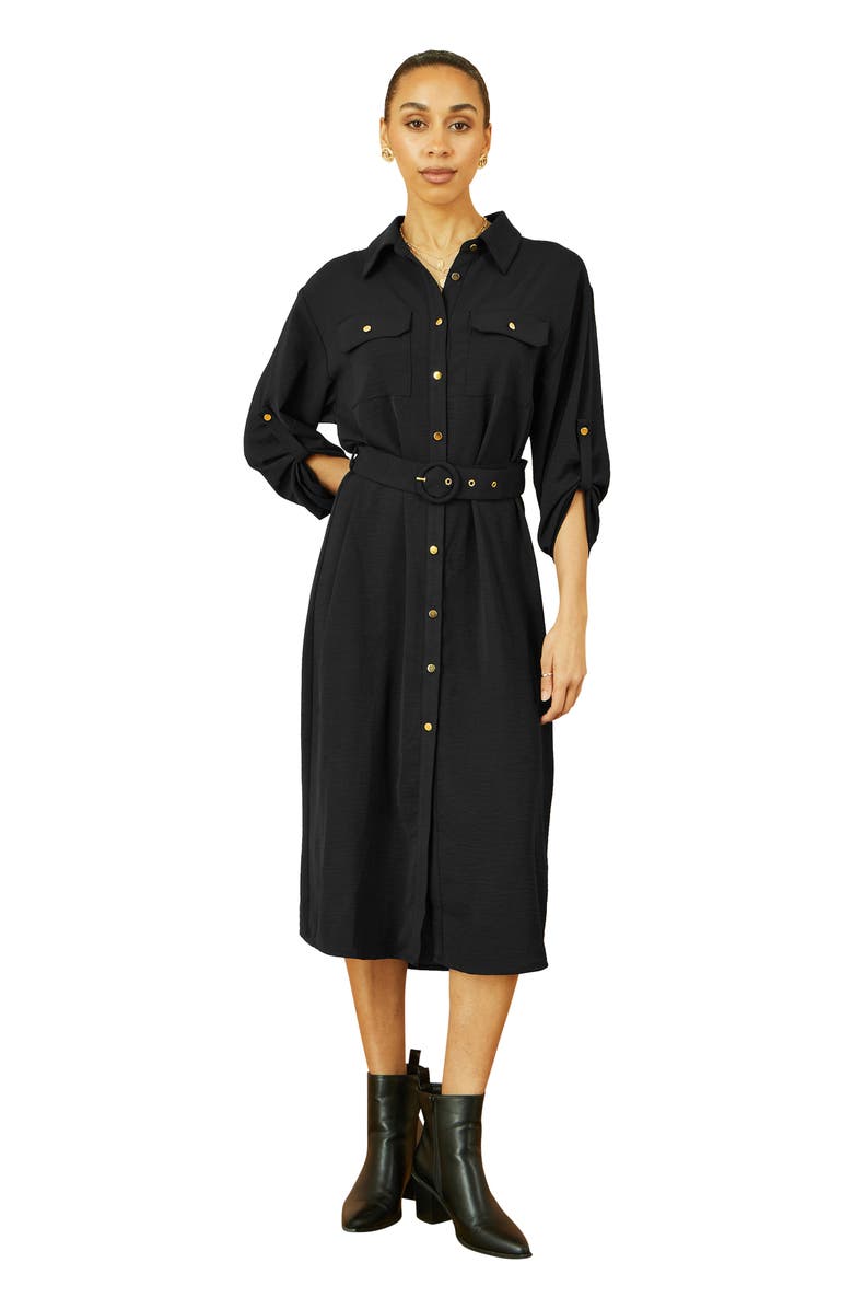 Yumi 3/4 Sleeve Belted Midi Shirt Dress, Main, color, Black