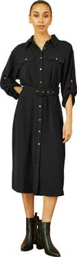 Yumi 3/4 Sleeve Belted Midi Shirt Dress