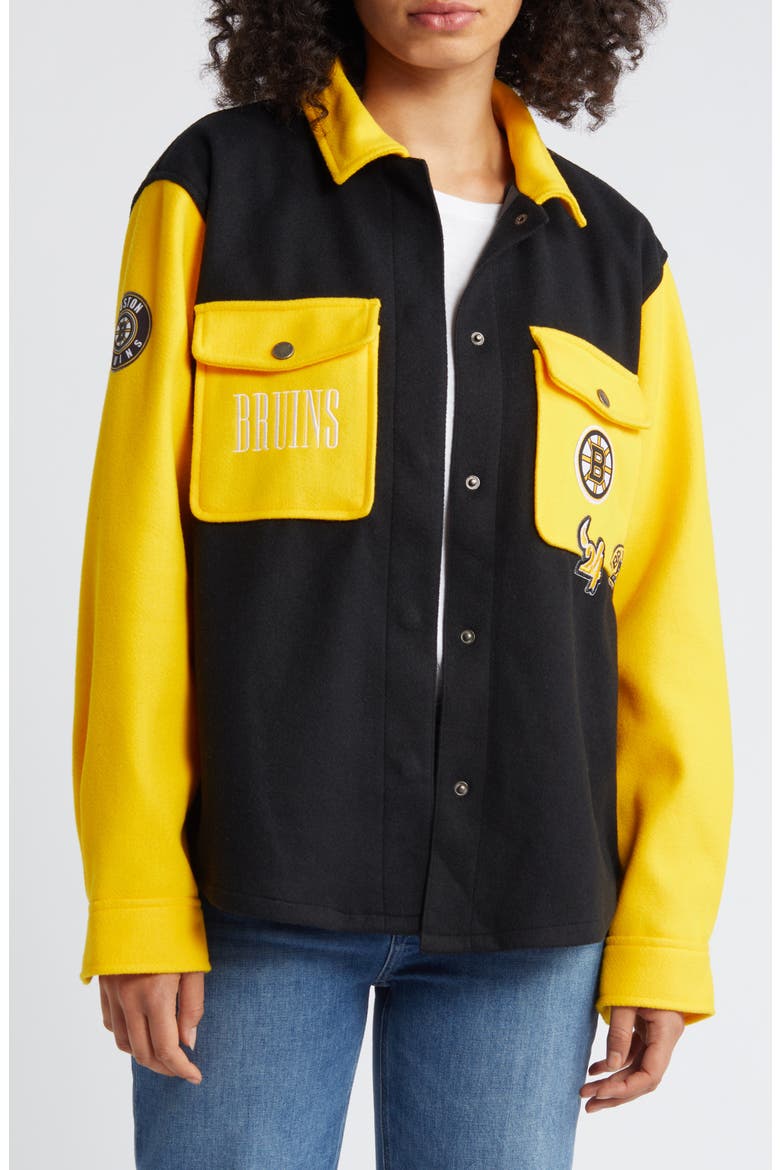 Women's WEAR by Erin Andrews Black/Gold Boston Bruins Colorblock Button-Up Shirt Jacket, Main, color, Black