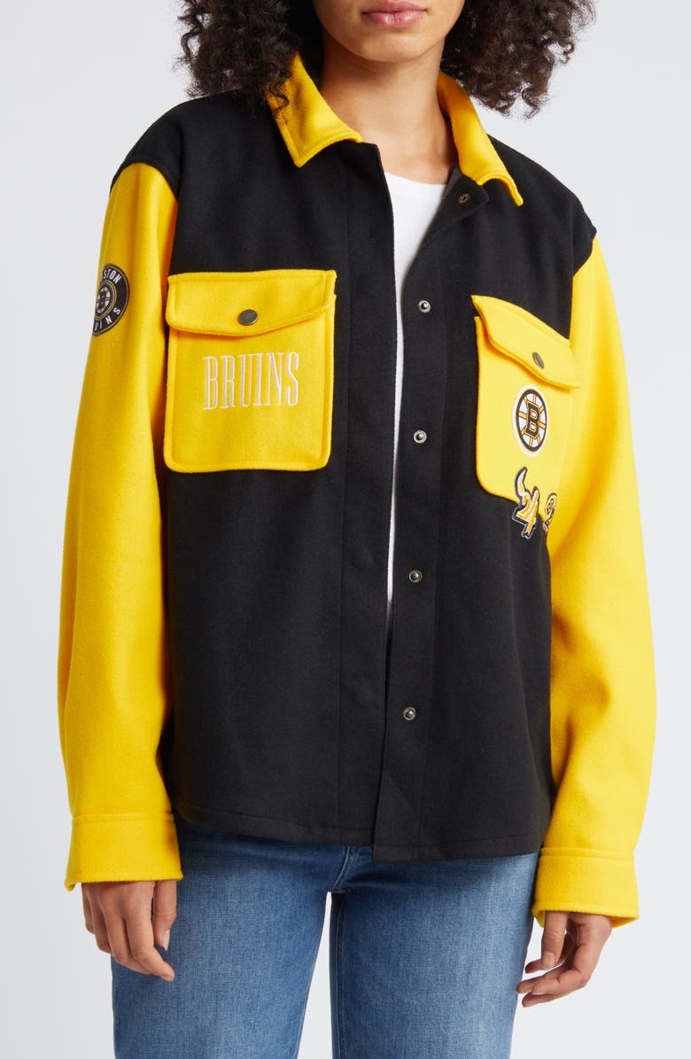 WEAR by Erin Andrews Women's WEAR by Erin Andrews Black/Gold Boston Bruins Colorblock Button-Up Shirt Jacket, Main, color, Black