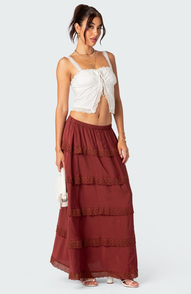 EDIKTED Eyelet Trim Tiered Cotton Blend Maxi Skirt, Alternate, color, 