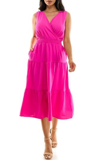 Shop Nina Leonard Tiered Midi Dress In Dragon Fruit