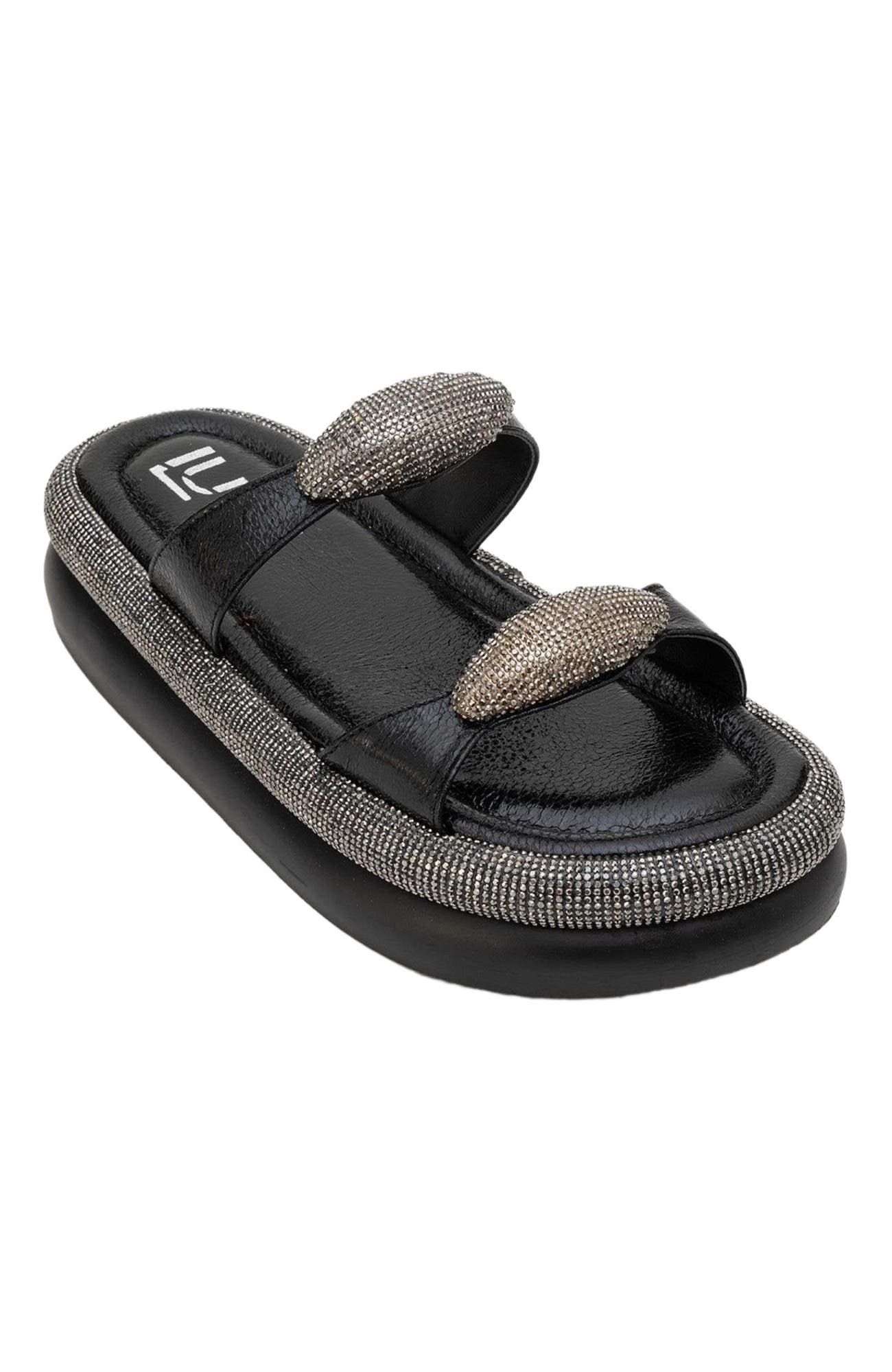 Prologue Shoes Finery Embellished Platform Slide, Alternate, color, Black Faux Leather