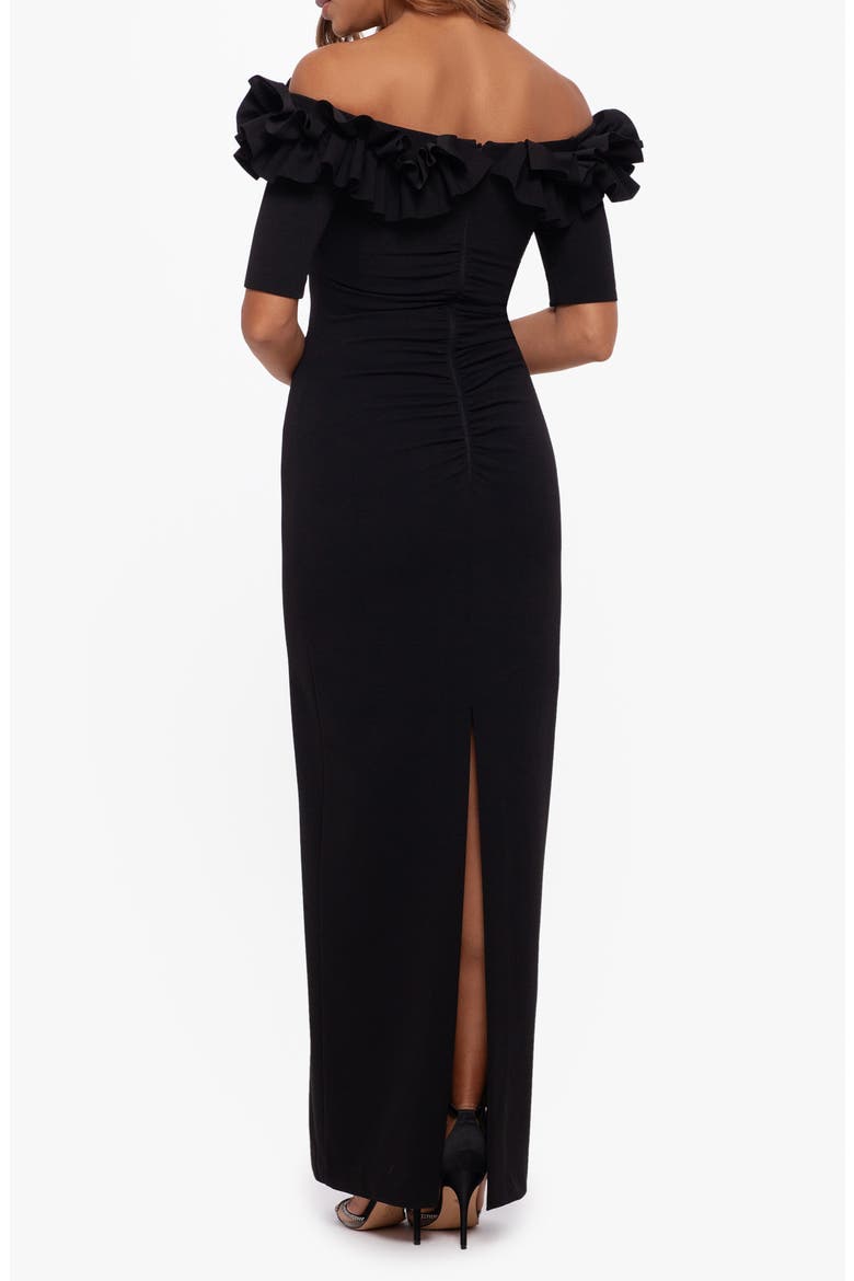 Ruffle Off the Shoulder Crepe Column Gown, Alternate, color, BLACK