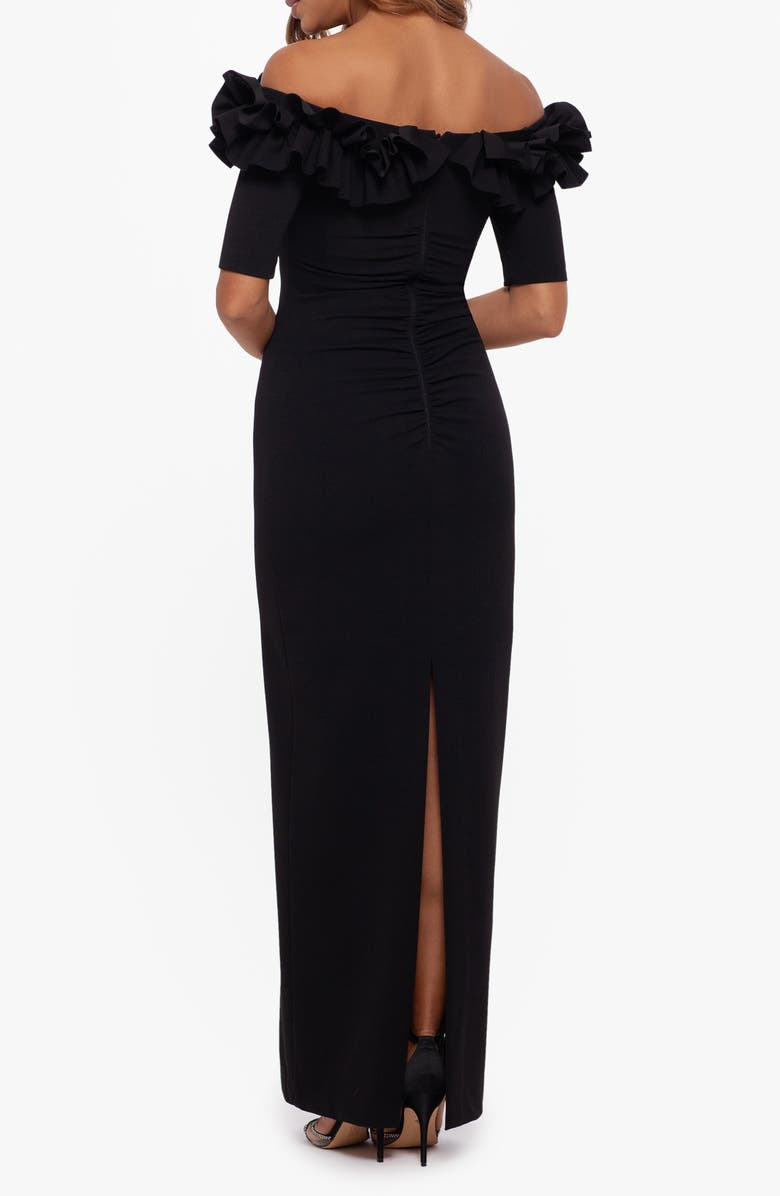 Xscape Evenings Ruffle Off the Shoulder Crepe Column Gown, Alternate, color, Black