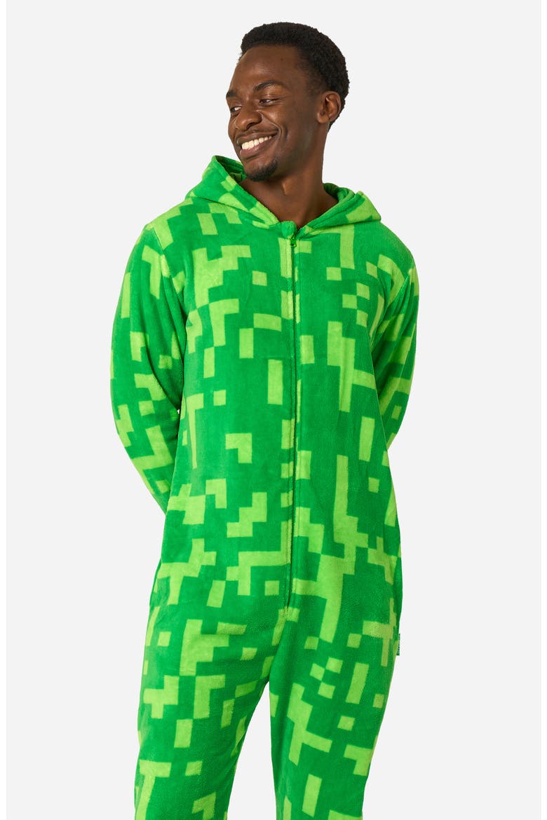 Creeper Minecraft™ Long Sleeve Hooded Fleece Jumpsuit, Alternate, color, GREEN