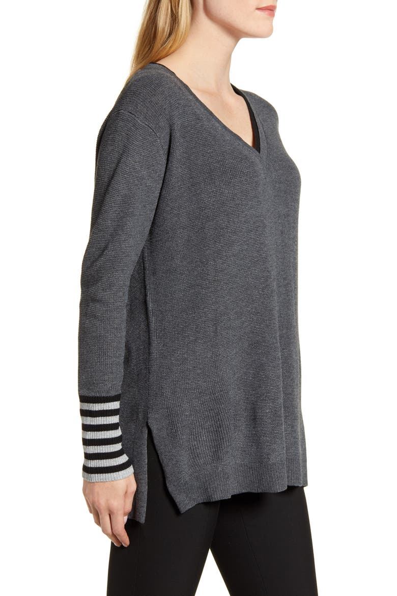 V-Neck Stripe Cuff Sweater, Alternate, color, MEDIUM HEATHER GREY