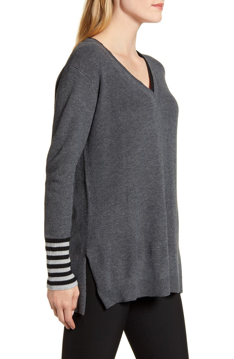 Vince Camuto V-Neck Stripe Cuff Sweater, Alternate, color, 