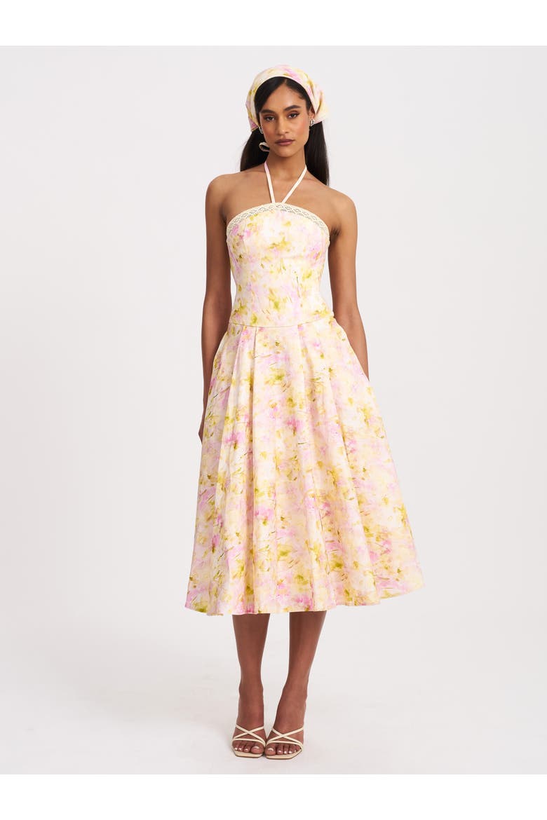 Zaina Floral Print Lace Trim Linen Midi Dress, Alternate, color, Yellow and pink floral print