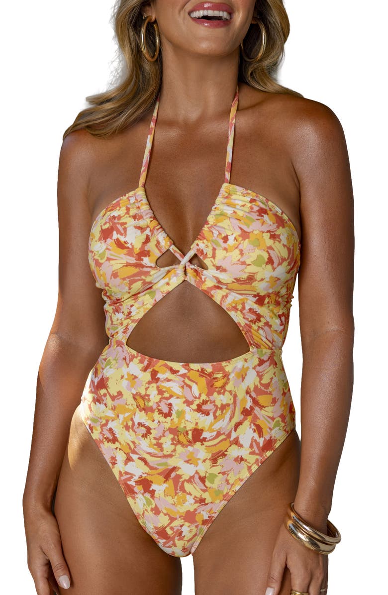 Cupshe Cutout One-Piece Swimsuit, Main, color, Yellow Multi