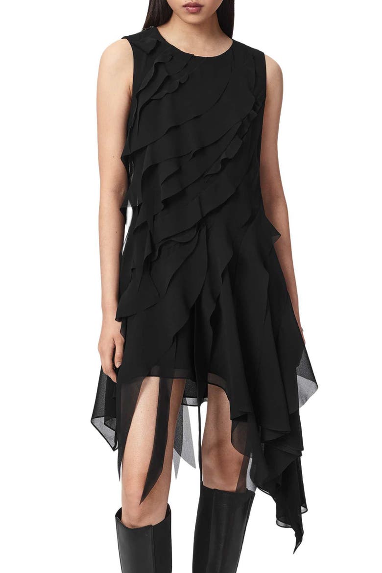 Angie Ruffled Handkerchief Hem Dress, Alternate, color, BLACK