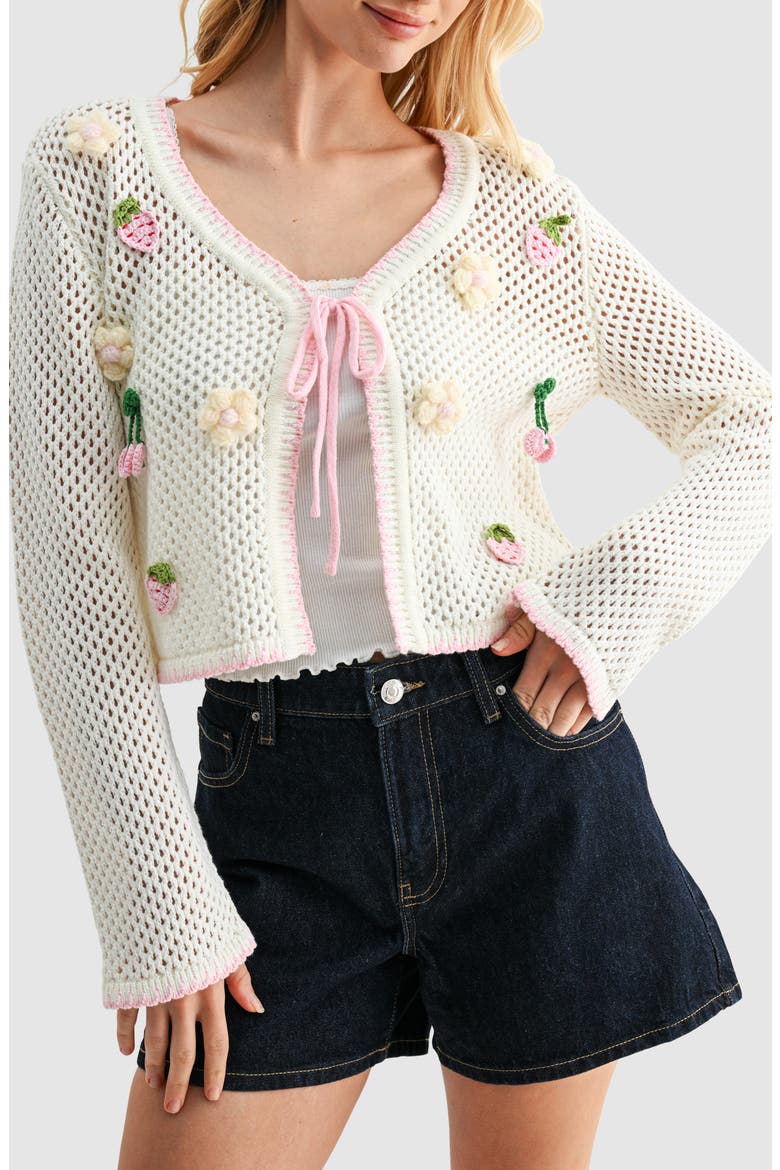 Crochet Appliqué Tie Front Open Stitch Cardigan, Alternate, color, CREAM PINK