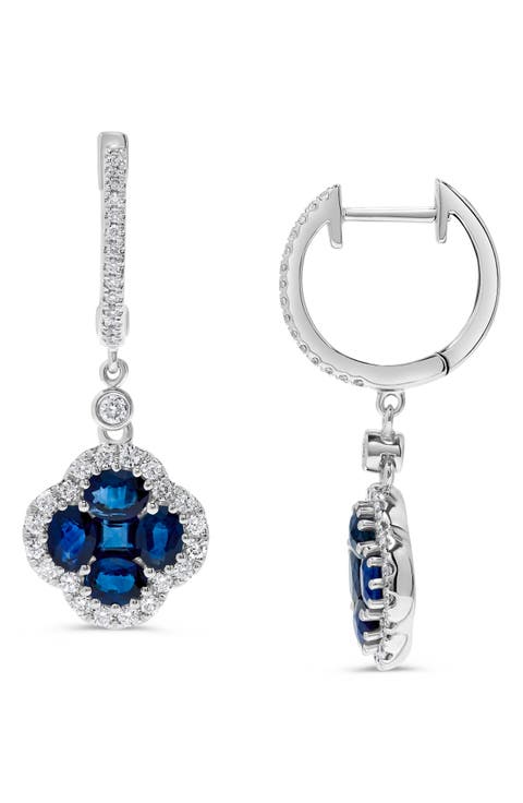 Stone & Diamond Clover Drop Huggie Hoop Earrings - 0.5ct.