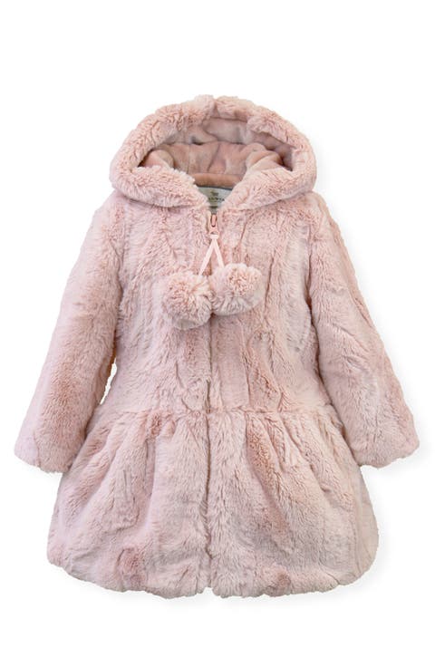 Faux Fur Hooded Zip Front Pompom Coat (Toddler, Little Kid & Big Kid)