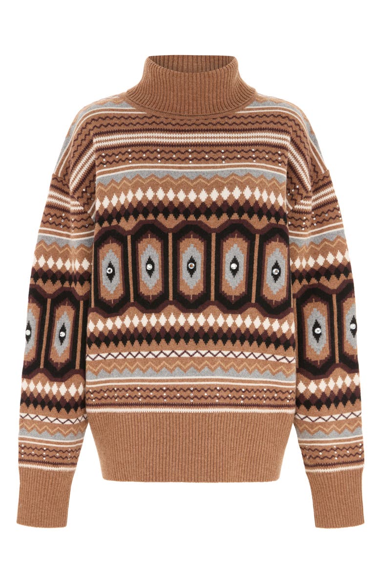 ALIGNE Christine Embellished Fair Isle Cotton & Wool Blend Turtleneck Sweater, Alternate, color, Brown