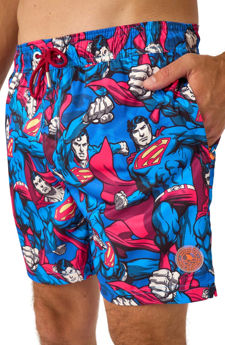 OppoSuits The Man of Steel Stretch Swim Trunks, Alternate, color, Blue Multi