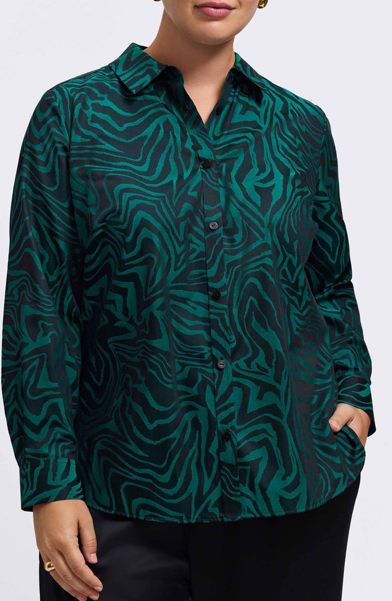 Foxcroft Hampton Zebra Print Button-Up Shirt, Main, color, Green/ Black