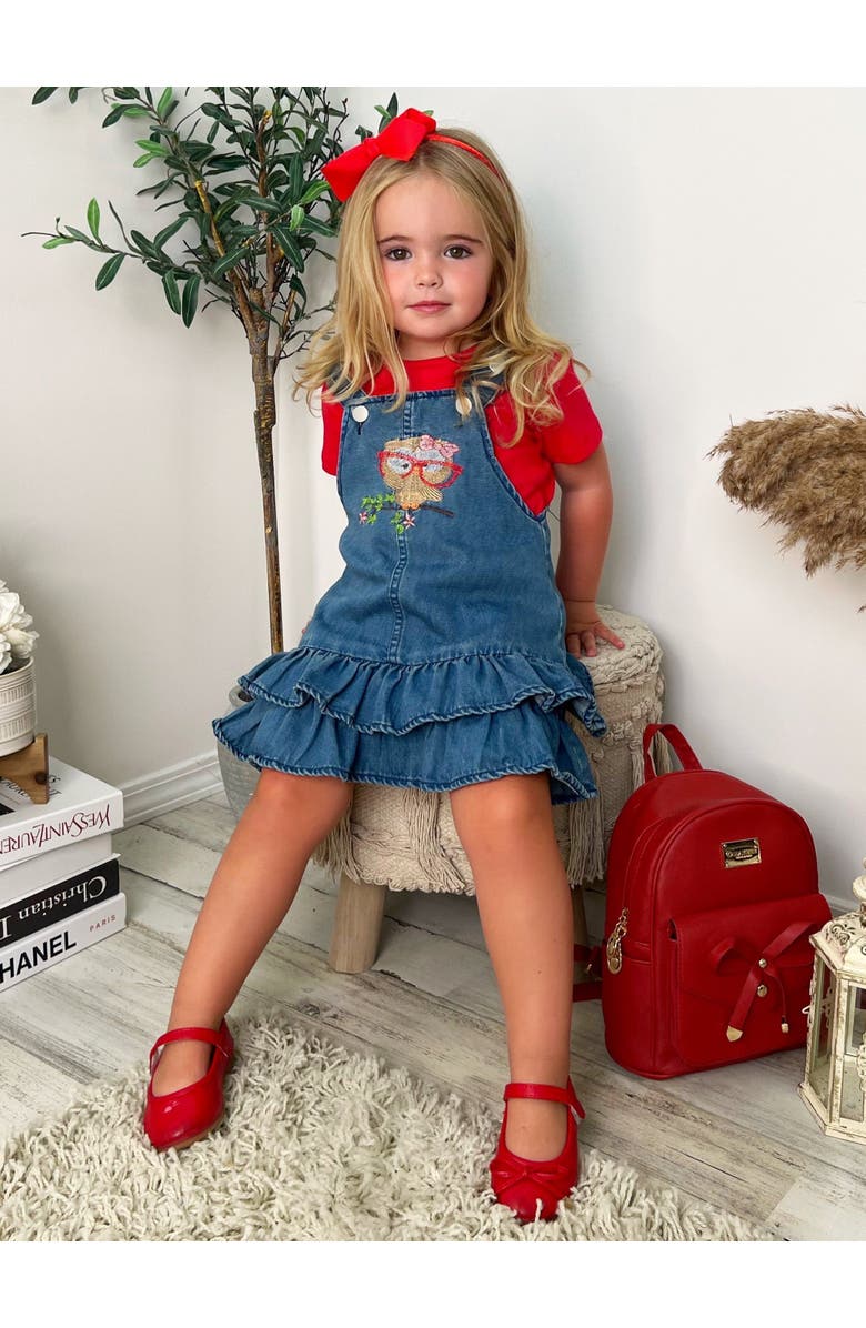 Mia Belle Girls Girls Owl Denim Overall Dress Set, Alternate, color, Red
