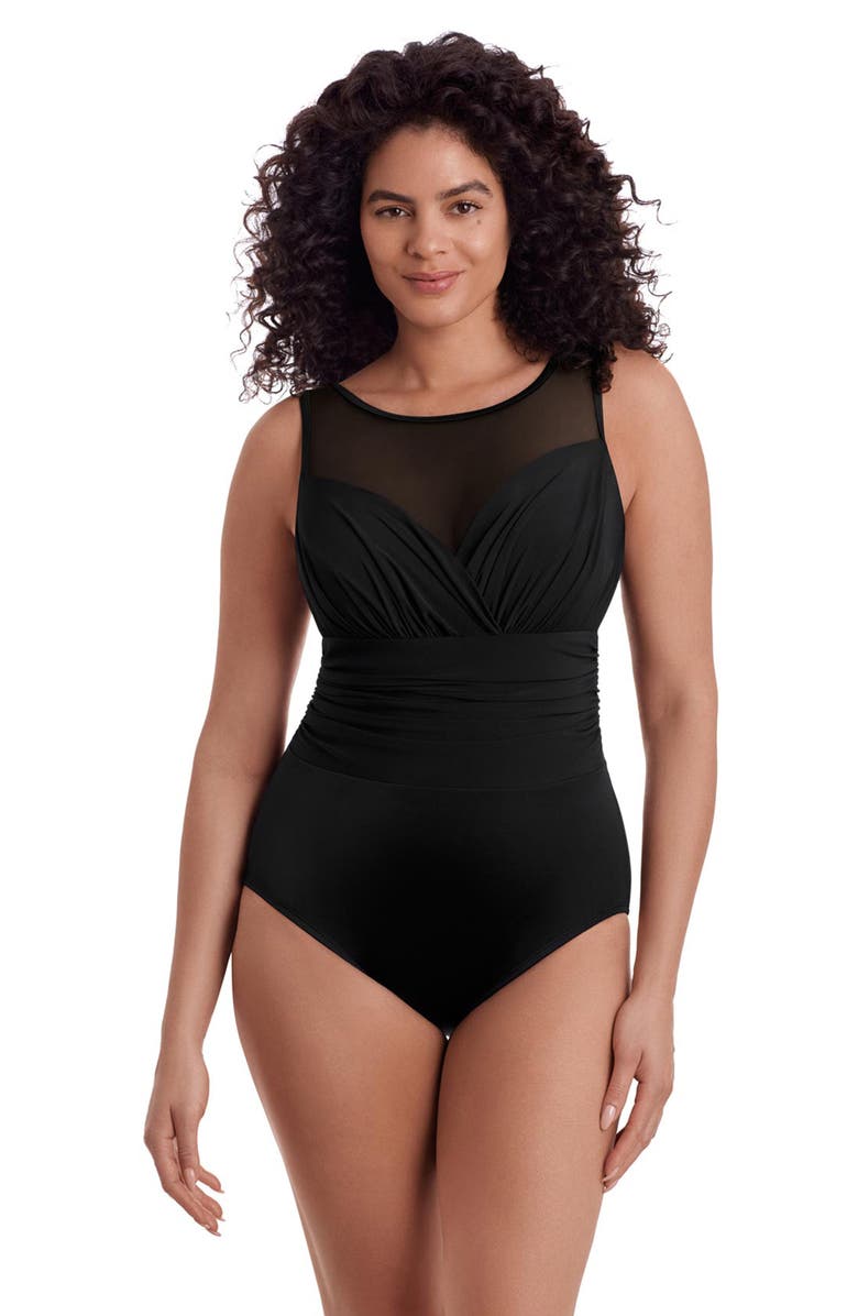 Longitude Scoopback Mesh Highneck One-Piece Swimsuit, Main, color, Black