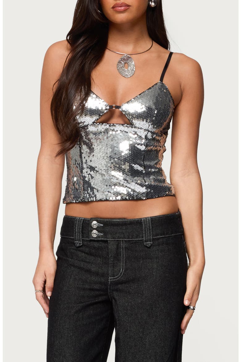 Rokko Sequin Keyhole Crop Camisole, Main, color, SILVER