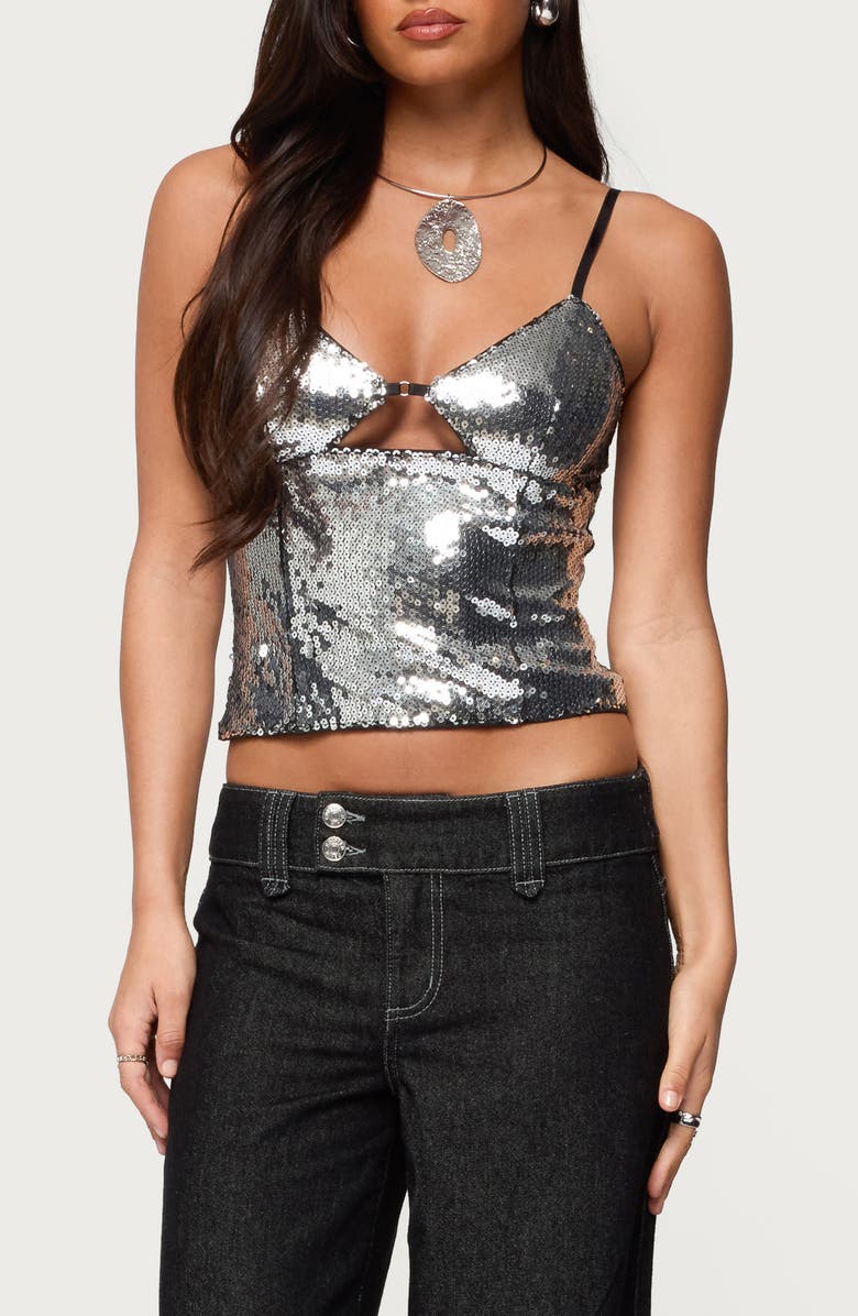 EDIKTED Rokko Sequin Keyhole Crop Camisole, Main, color, Silver